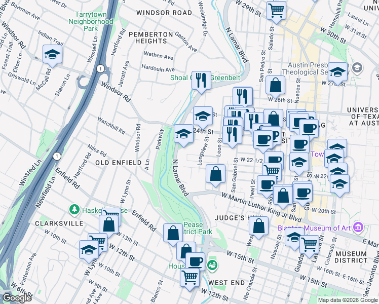 map of restaurants, bars, coffee shops, grocery stores, and more near 1211 West 22 1/2 Street in Austin