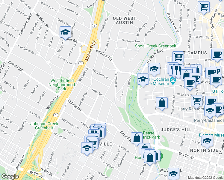 map of restaurants, bars, coffee shops, grocery stores, and more near 2208 Windsor Road in Austin