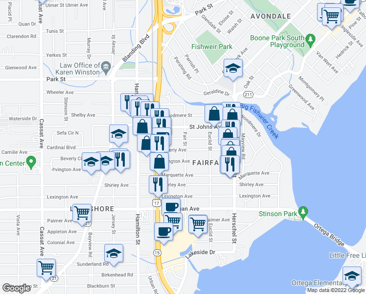 map of restaurants, bars, coffee shops, grocery stores, and more near 4405 Beverly Avenue in Jacksonville