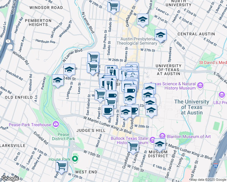 map of restaurants, bars, coffee shops, grocery stores, and more near Rio Grande Street in Austin