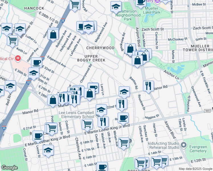 map of restaurants, bars, coffee shops, grocery stores, and more near 3213 Larry Lane in Austin