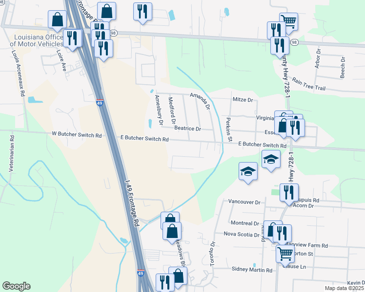 map of restaurants, bars, coffee shops, grocery stores, and more near 216 East Butcher Switch Road in Lafayette