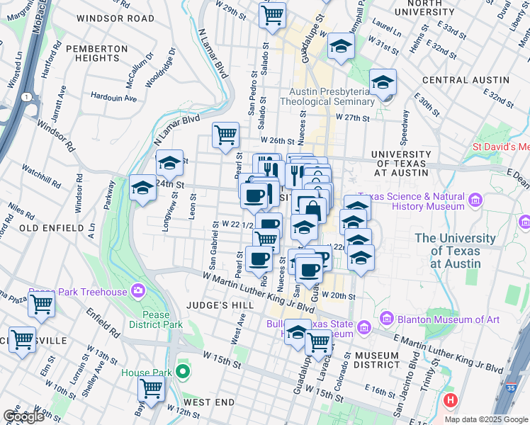 map of restaurants, bars, coffee shops, grocery stores, and more near 2222 1/2 Rio Grande Street in Austin