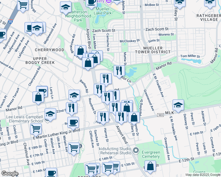 map of restaurants, bars, coffee shops, grocery stores, and more near 3130 Manor Road in Austin