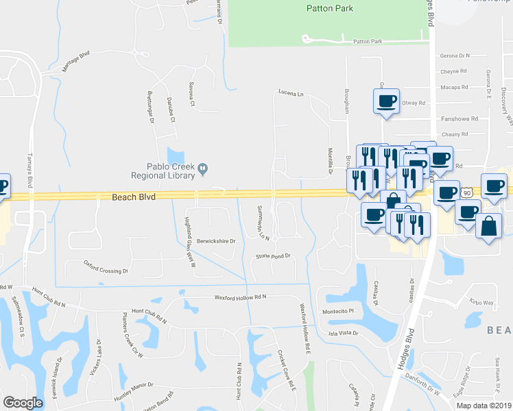map of restaurants, bars, coffee shops, grocery stores, and more near 3532 Summerlin Lane North in Jacksonville