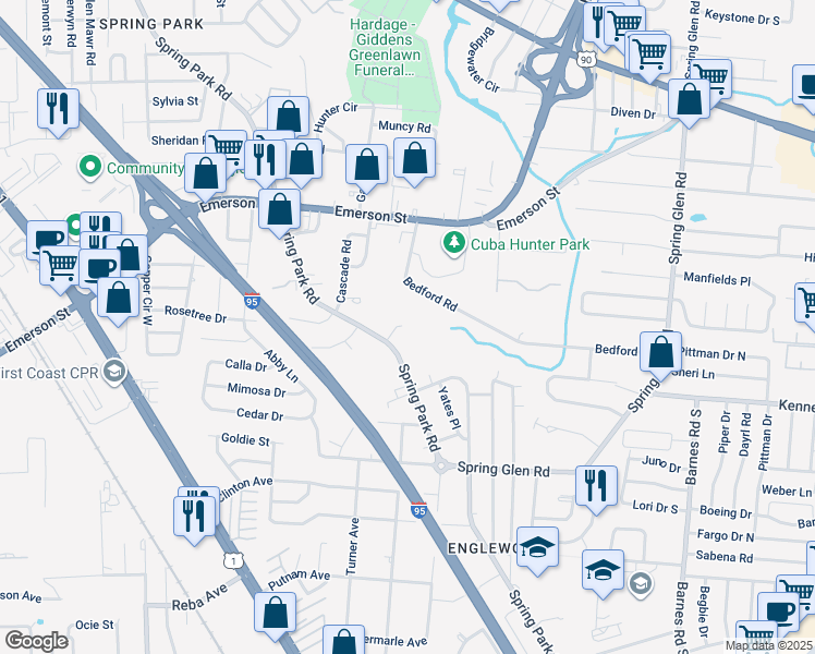 map of restaurants, bars, coffee shops, grocery stores, and more near 3937 Spring Park Road in Jacksonville