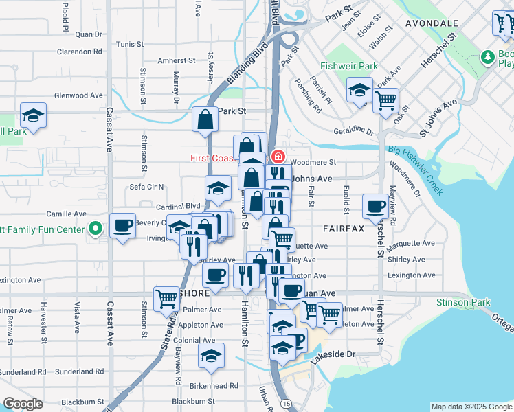 map of restaurants, bars, coffee shops, grocery stores, and more near 1775 Hamilton Street in Jacksonville