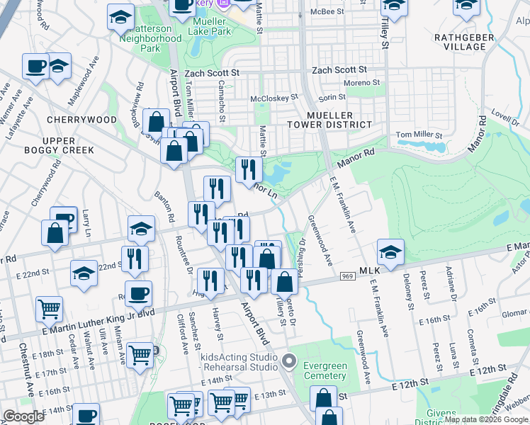 map of restaurants, bars, coffee shops, grocery stores, and more near 2213 Tillery Street in Austin