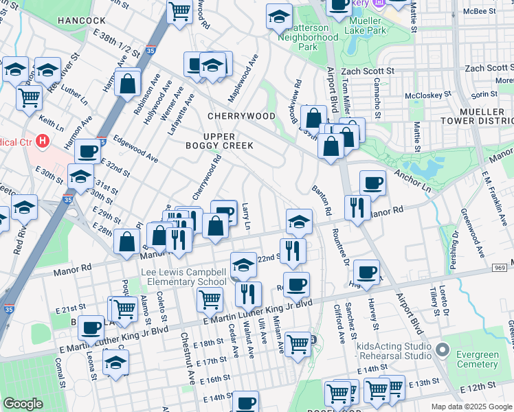 map of restaurants, bars, coffee shops, grocery stores, and more near 3213 Larry Lane in Austin