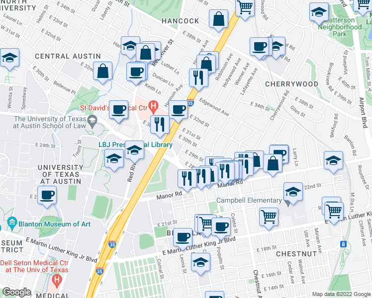 map of restaurants, bars, coffee shops, grocery stores, and more near 1300 East 29th Street in Austin