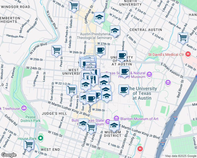 map of restaurants, bars, coffee shops, grocery stores, and more near 2300 Whitis Avenue in Austin