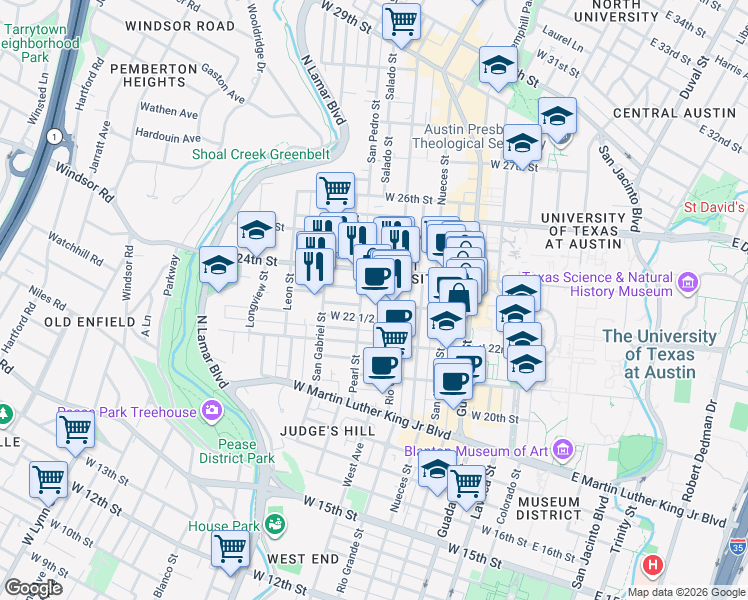 map of restaurants, bars, coffee shops, grocery stores, and more near 2 West 22 1/2 Street in Austin