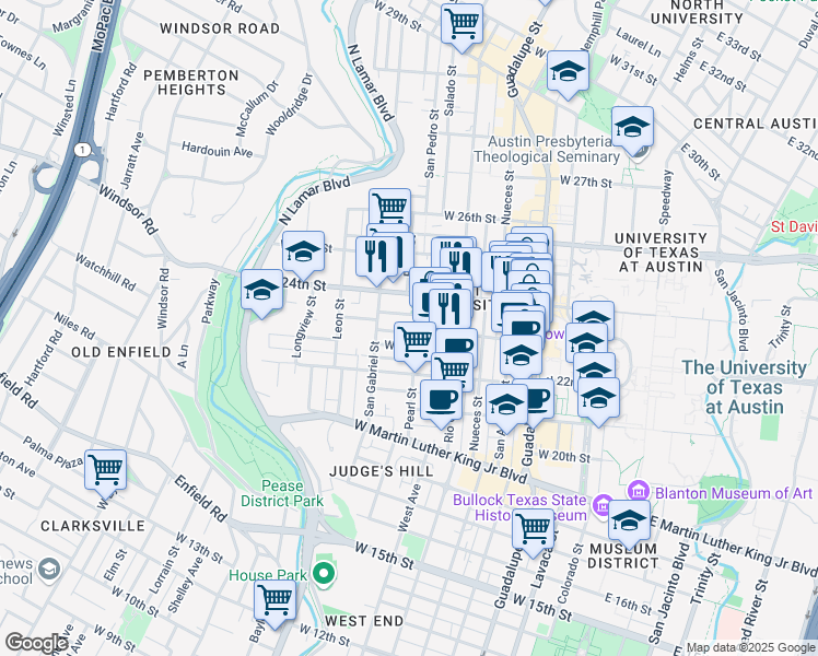 map of restaurants, bars, coffee shops, grocery stores, and more near 2 West 22 1/2 Street in Austin