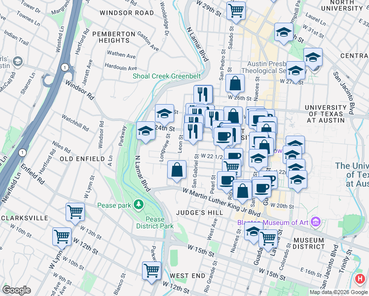 map of restaurants, bars, coffee shops, grocery stores, and more near 25 Leon Street in Austin
