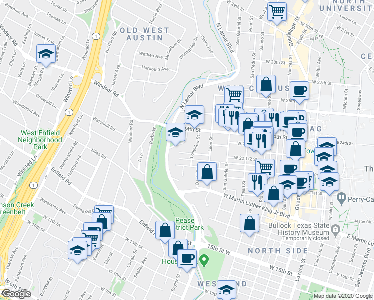 map of restaurants, bars, coffee shops, grocery stores, and more near 1211 West 22 1/2 Street in Austin