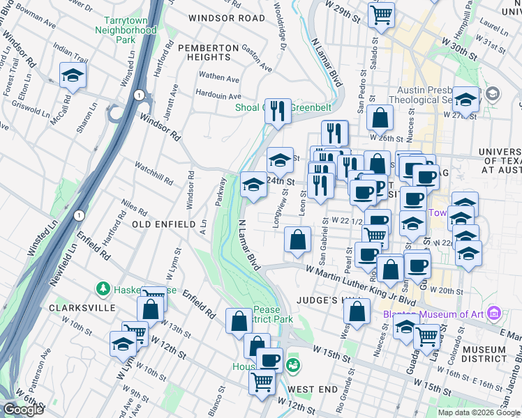 map of restaurants, bars, coffee shops, grocery stores, and more near 1211 West 22 1/2 Street in Austin
