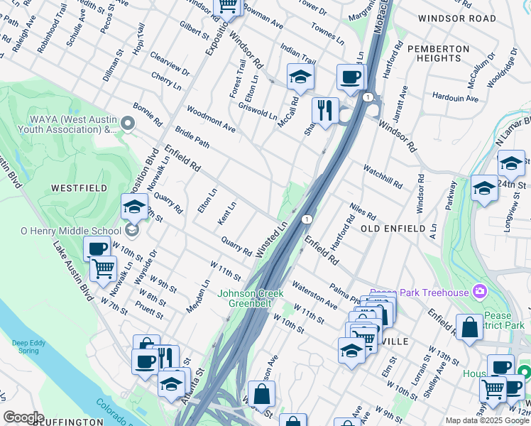 map of restaurants, bars, coffee shops, grocery stores, and more near 2109 Enfield Road in Austin