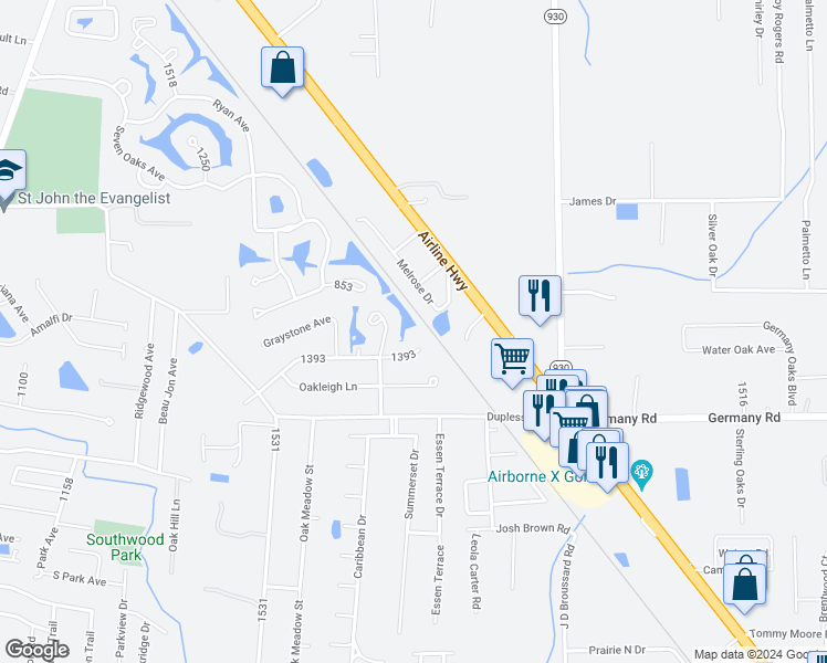 map of restaurants, bars, coffee shops, grocery stores, and more near 38424 Silverstone Avenue in Prairieville