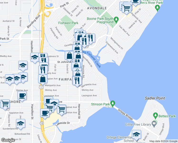 map of restaurants, bars, coffee shops, grocery stores, and more near 1737 Dogwood Place in Jacksonville
