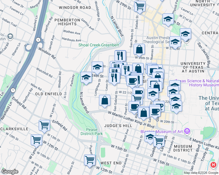 map of restaurants, bars, coffee shops, grocery stores, and more near 25 Leon Street in Austin