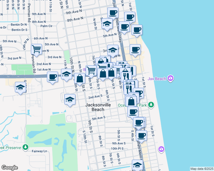 map of restaurants, bars, coffee shops, grocery stores, and more near 528 1st Avenue South in Jacksonville Beach