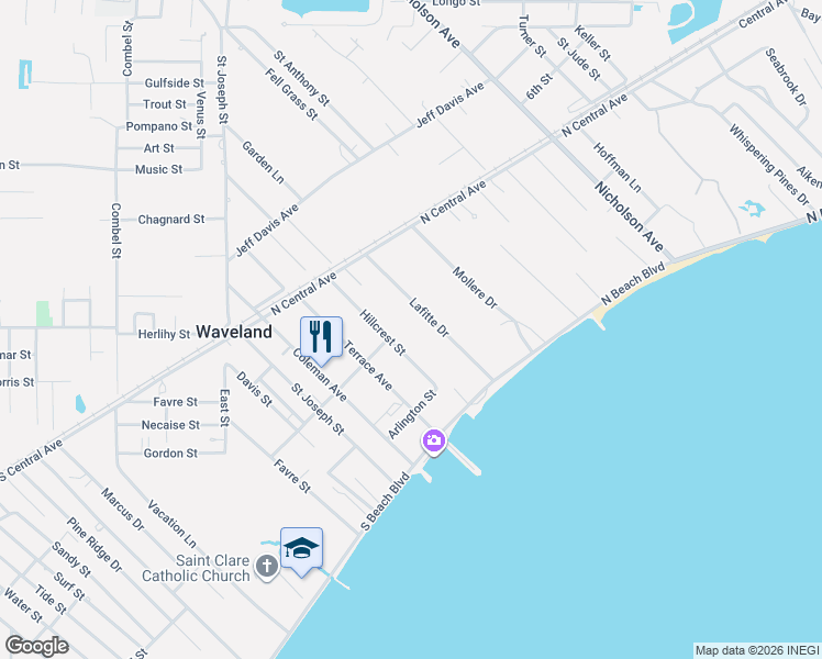 map of restaurants, bars, coffee shops, grocery stores, and more near 115 Lafitte Drive in Waveland