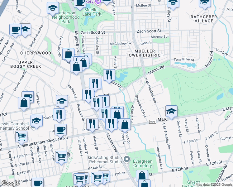 map of restaurants, bars, coffee shops, grocery stores, and more near 2213 Tillery Street in Austin