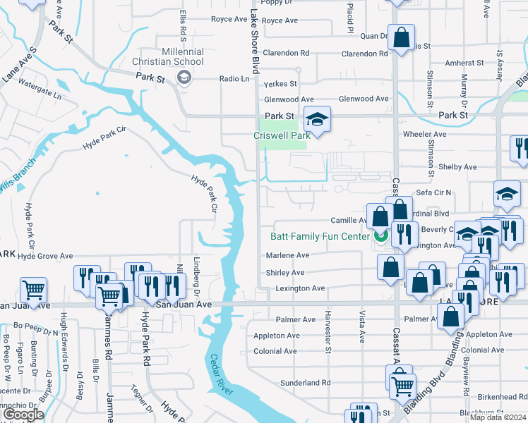 map of restaurants, bars, coffee shops, grocery stores, and more near 1701 Lake Shore Boulevard in Jacksonville