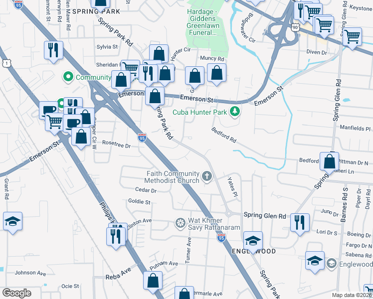 map of restaurants, bars, coffee shops, grocery stores, and more near 3856 Spring Park Road in Jacksonville