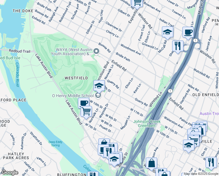 map of restaurants, bars, coffee shops, grocery stores, and more near 2416 West 12th Street in Austin