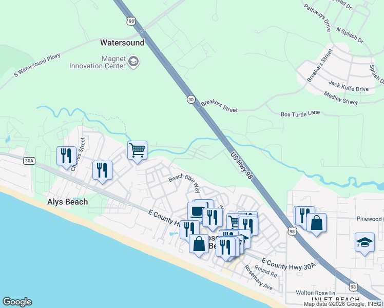 map of restaurants, bars, coffee shops, grocery stores, and more near 195 Redbud Lane in Rosemary Beach