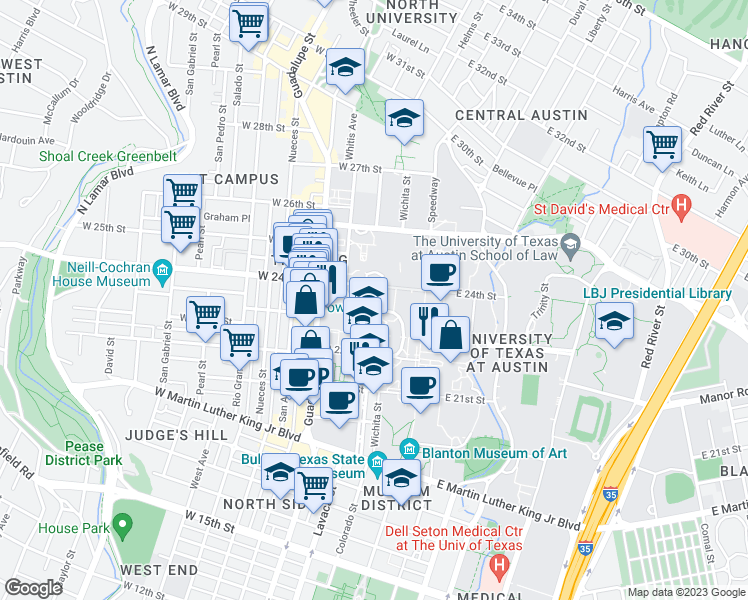 map of restaurants, bars, coffee shops, grocery stores, and more near 1 Universite Station in Austin