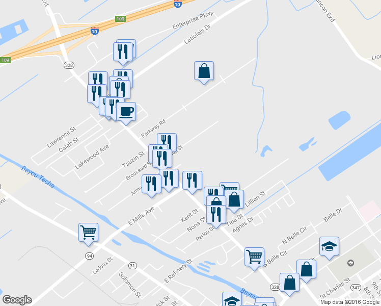 map of restaurants, bars, coffee shops, grocery stores, and more near 600 Corporate Boulevard in Breaux Bridge
