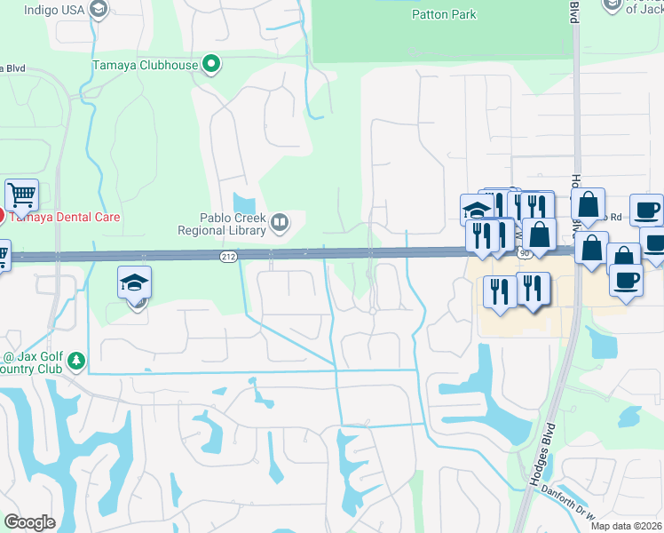 map of restaurants, bars, coffee shops, grocery stores, and more near 3501 Pebble Path Lane in Jacksonville