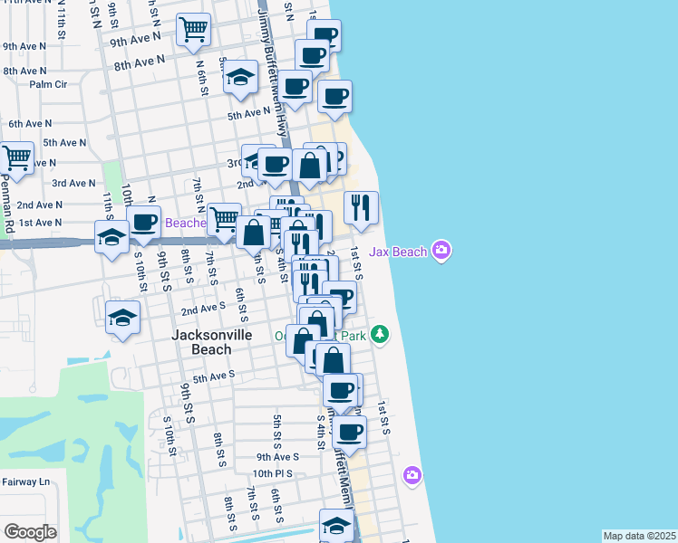 map of restaurants, bars, coffee shops, grocery stores, and more near 135 2nd Avenue South in Jacksonville Beach