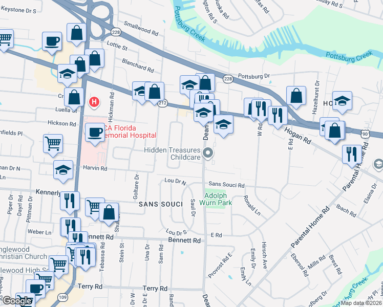 map of restaurants, bars, coffee shops, grocery stores, and more near 1920 Dean Road in Jacksonville