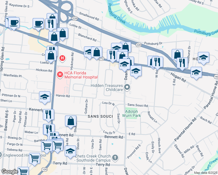 map of restaurants, bars, coffee shops, grocery stores, and more near 1969 Burkholder Circle East in Jacksonville