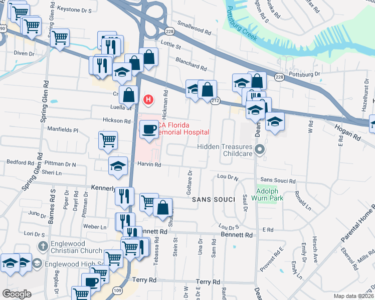 map of restaurants, bars, coffee shops, grocery stores, and more near 6144 Vasari Drive in Jacksonville