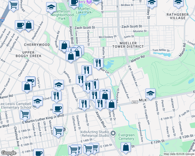 map of restaurants, bars, coffee shops, grocery stores, and more near 3130 Manor Road in Austin