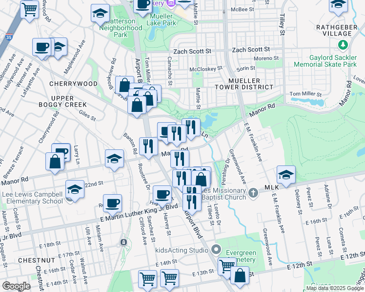 map of restaurants, bars, coffee shops, grocery stores, and more near 3130 Manor Road in Austin