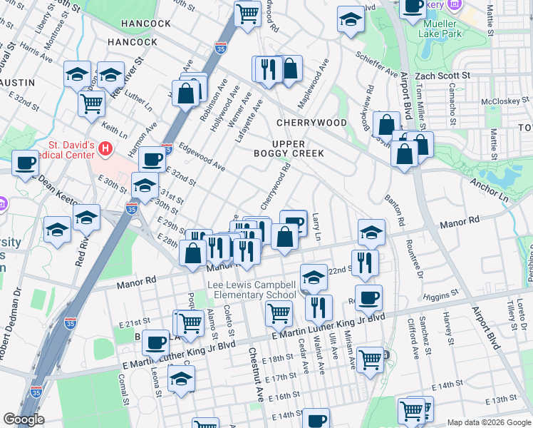 map of restaurants, bars, coffee shops, grocery stores, and more near 1708 East 32nd Street in Austin