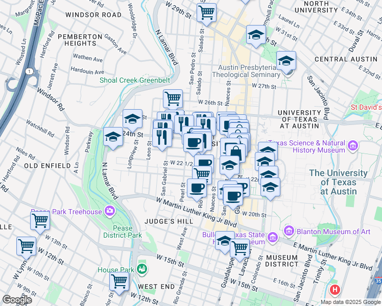 map of restaurants, bars, coffee shops, grocery stores, and more near 2 West 22 1/2 Street in Austin