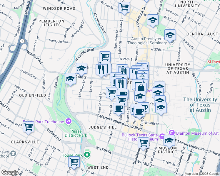 map of restaurants, bars, coffee shops, grocery stores, and more near 2 West 22 1/2 Street in Austin
