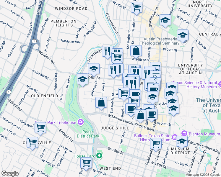 map of restaurants, bars, coffee shops, grocery stores, and more near 25 Leon Street in Austin