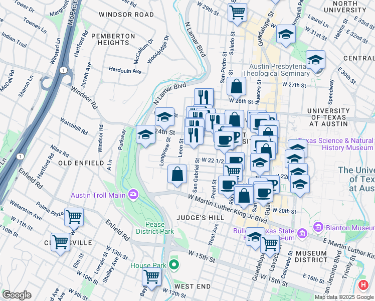 map of restaurants, bars, coffee shops, grocery stores, and more near 25 Leon Street in Austin