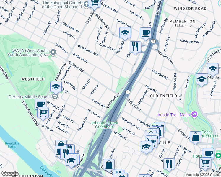 map of restaurants, bars, coffee shops, grocery stores, and more near 2109 Enfield Road in Austin