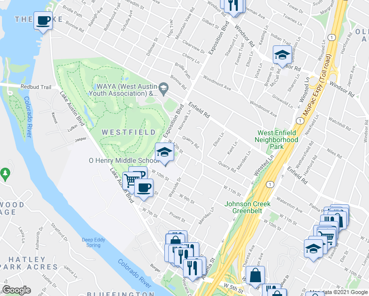 map of restaurants, bars, coffee shops, grocery stores, and more near 2416 West 12th Street in Austin