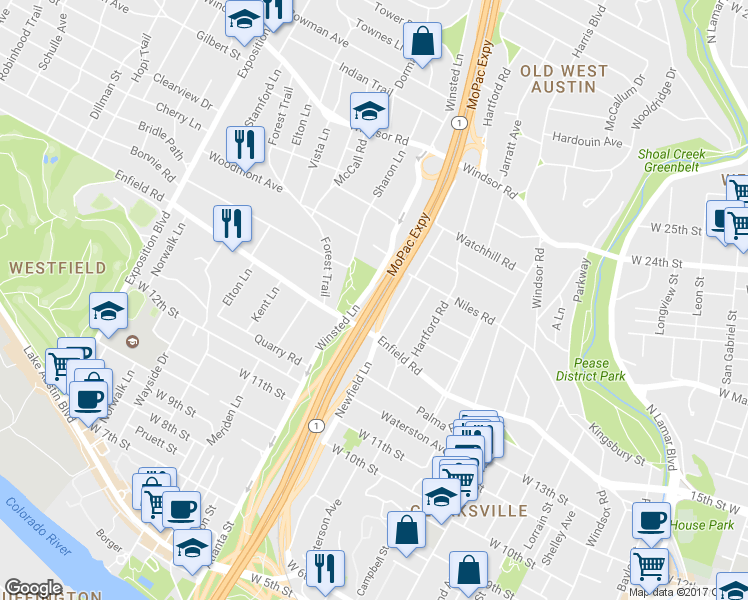 map of restaurants, bars, coffee shops, grocery stores, and more near 2100 Texas 1 Loop in Austin