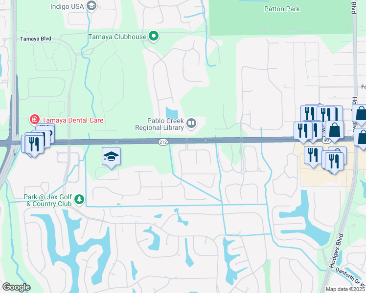 map of restaurants, bars, coffee shops, grocery stores, and more near 3541 Highland Glen Way West in Jacksonville