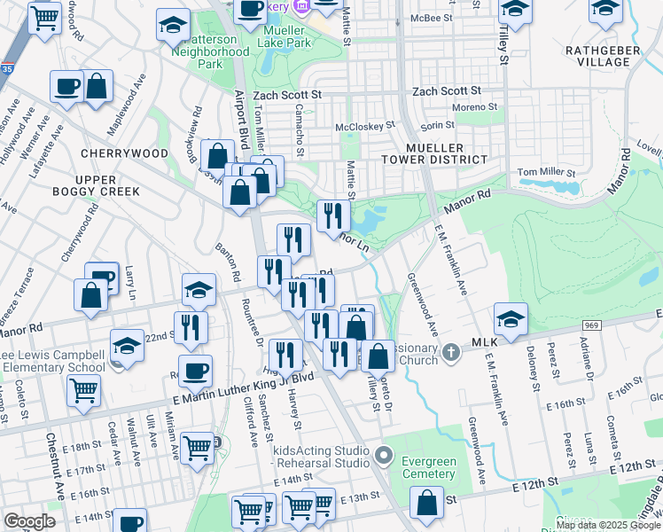 map of restaurants, bars, coffee shops, grocery stores, and more near 3130 Manor Road in Austin